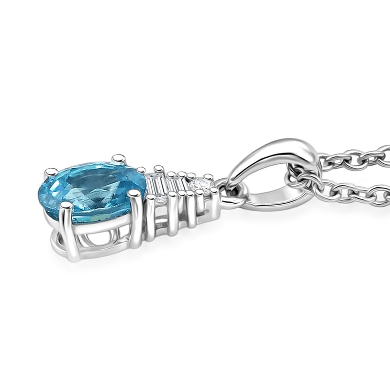 D'Joy Cambodian Blue Zircon and Moissanite 1.40 ctw Royal Twilight Pendant in Rhodium Over Sterling Silver with Stainless Steel Necklace 20 Inches