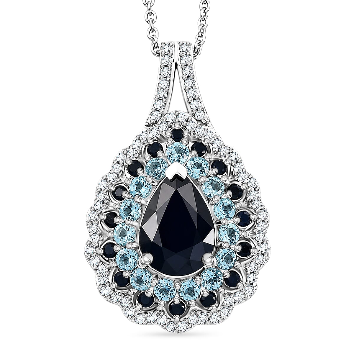 D'Joy Premium Kanchanaburi Blue Sapphire (DF) and Multi Gemstone 4.20 ctw Moonlit Pear Halo Pendant Necklace in Rhodium Over Sterling Silver 20 Inches
