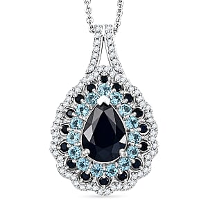 D'Joy Premium Kanchanaburi Blue Sapphire (DF) and Multi Gemstone 4.20 ctw Moonlit Pear Halo Pendant Necklace in Rhodium Over Sterling Silver 20 Inches