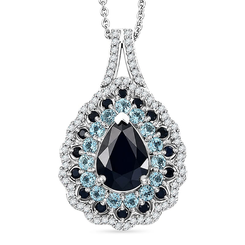 D'Joy Premium Kanchanaburi Blue Sapphire (DF) and Multi Gemstone 4.20 ctw Moonlit Pear Halo Pendant Necklace in Rhodium Over Sterling Silver 20 Inches
