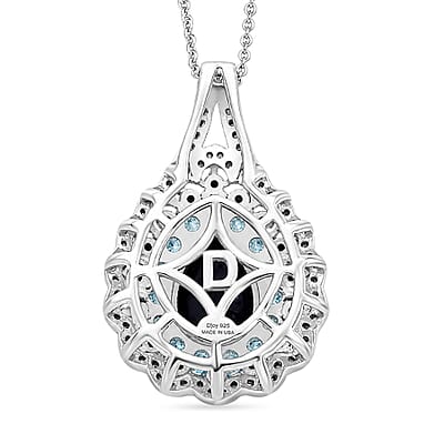 D'Joy Premium Kanchanaburi Blue Sapphire (DF) and Multi Gemstone 4.20 ctw Moonlit Pear Halo Pendant Necklace in Rhodium Over Sterling Silver 20 Inches
