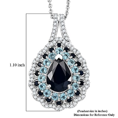 D'Joy Premium Kanchanaburi Blue Sapphire (DF) and Multi Gemstone 4.20 ctw Moonlit Pear Halo Pendant Necklace in Rhodium Over Sterling Silver 20 Inches