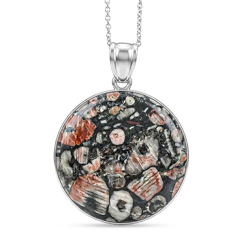 Hand Polished Round Insect Fossil Jasper 40.00 ctw Pendant in Silvertone with Stainless Steel Necklace 20 Inches