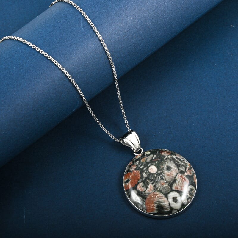 Hand Polished Round Insect Fossil Jasper 40.00 ctw Pendant in Silvertone with Stainless Steel Necklace 20 Inches