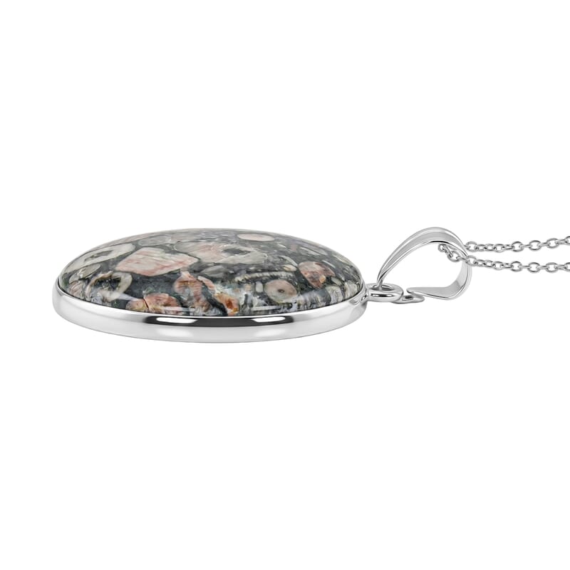Hand Polished Round Insect Fossil Jasper 40.00 ctw Pendant in Silvertone with Stainless Steel Necklace 20 Inches