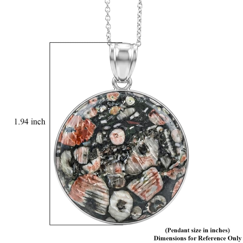 Hand Polished Round Insect Fossil Jasper 40.00 ctw Pendant in Silvertone with Stainless Steel Necklace 20 Inches