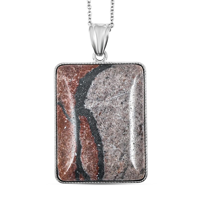 Rectangle Sun Rock Rainbow Picasso Jasper 80.00 ctw Pendant in Silvertone with Stainless Steel Necklace 20 Inches