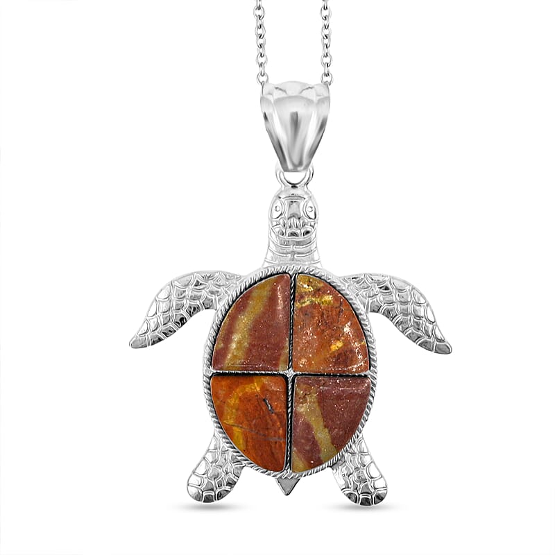Swimming Turtle Rainbow Picasso Jasper 16.00 ctw Pendant in Silvertone with Stainless Steel Necklace 20 Inches