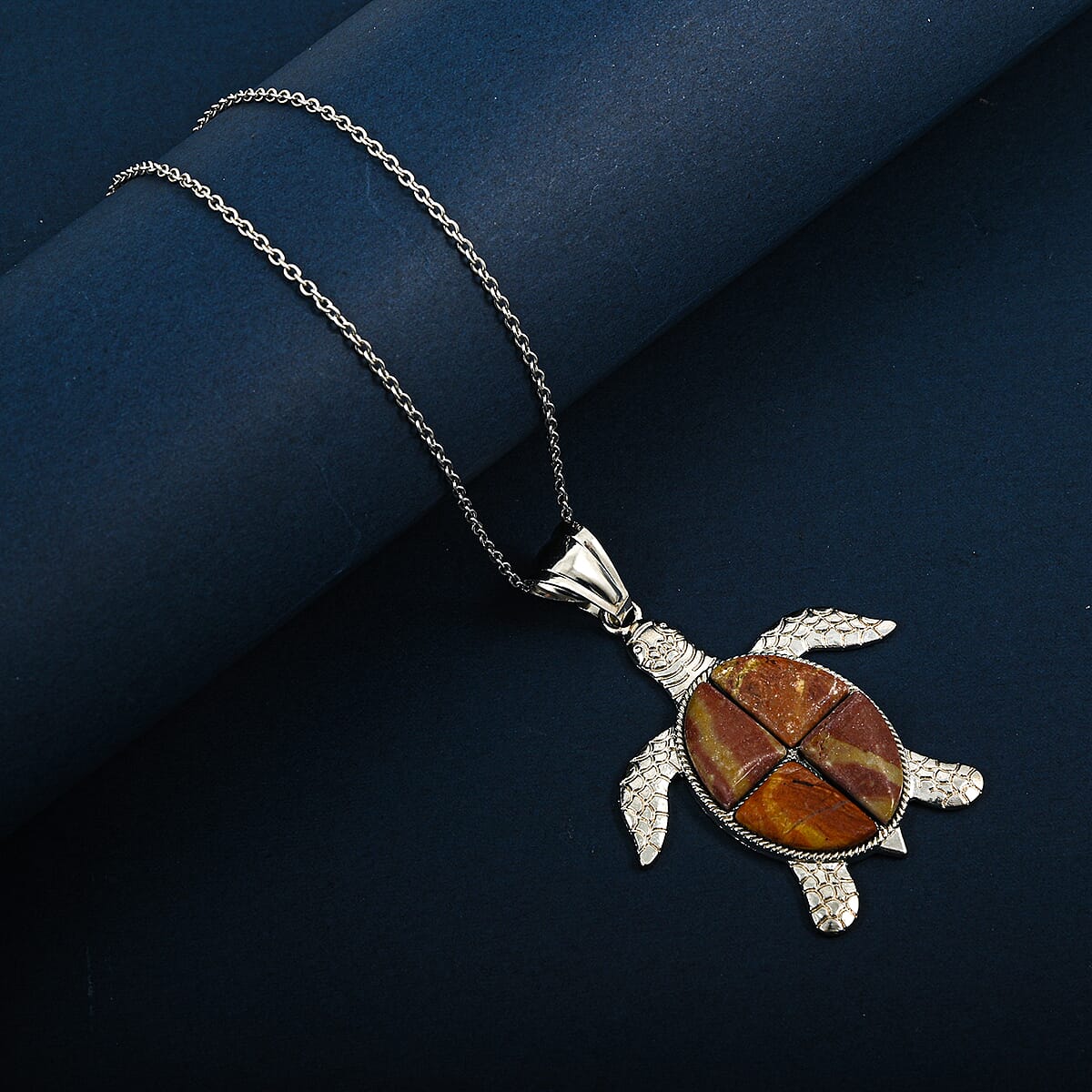 Swimming Turtle Rainbow Picasso Jasper 16.00 ctw Pendant in Silvertone with Stainless Steel Necklace 20 Inches image number 1