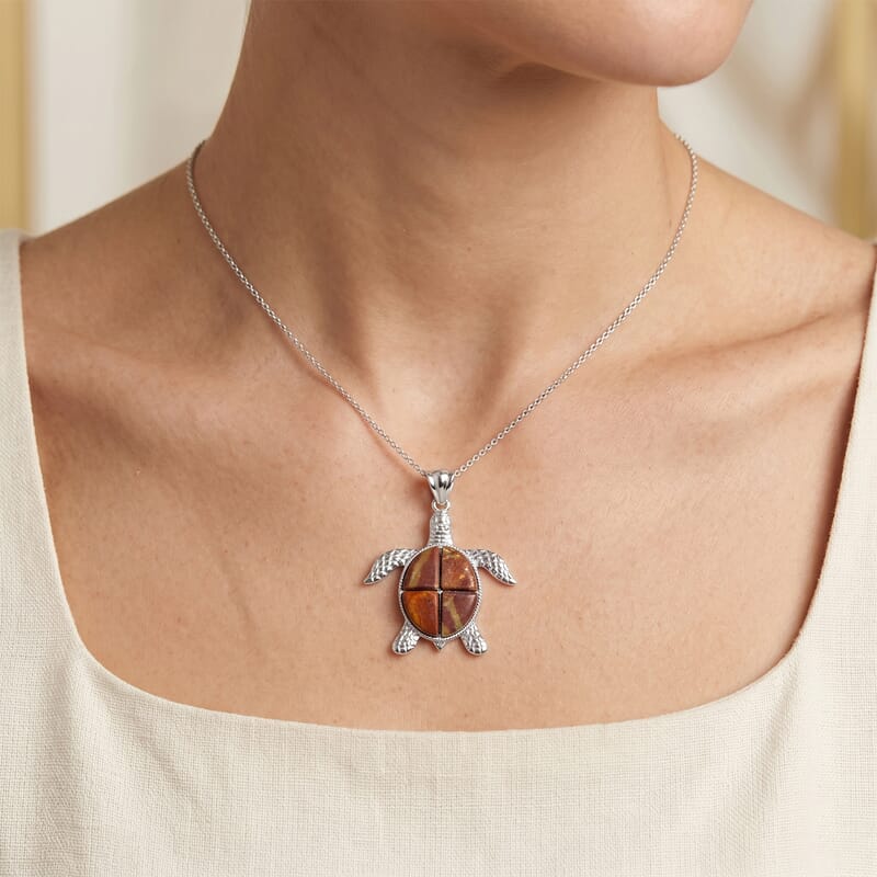 Swimming Turtle Rainbow Picasso Jasper 16.00 ctw Pendant in Silvertone with Stainless Steel Necklace 20 Inches