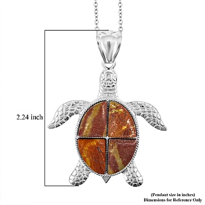 Swimming Turtle Rainbow Picasso Jasper 16.00 ctw Pendant in Silvertone with Stainless Steel Necklace 20 Inches