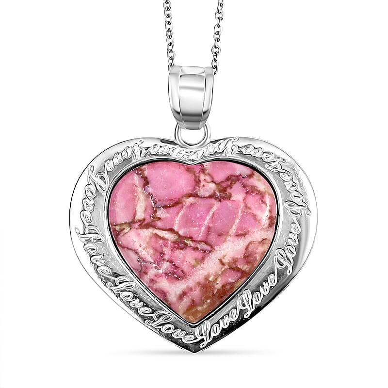 Heart Endless Love Pink Matrix Jasper 20.00 ctw Pendant in Silvertone with Stainless Steel Necklace 20 Inches