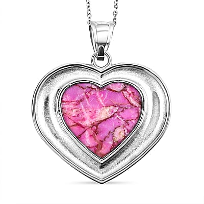 Heart Endless Love Pink Matrix Jasper 20.00 ctw Pendant in Silvertone with Stainless Steel Necklace 20 Inches