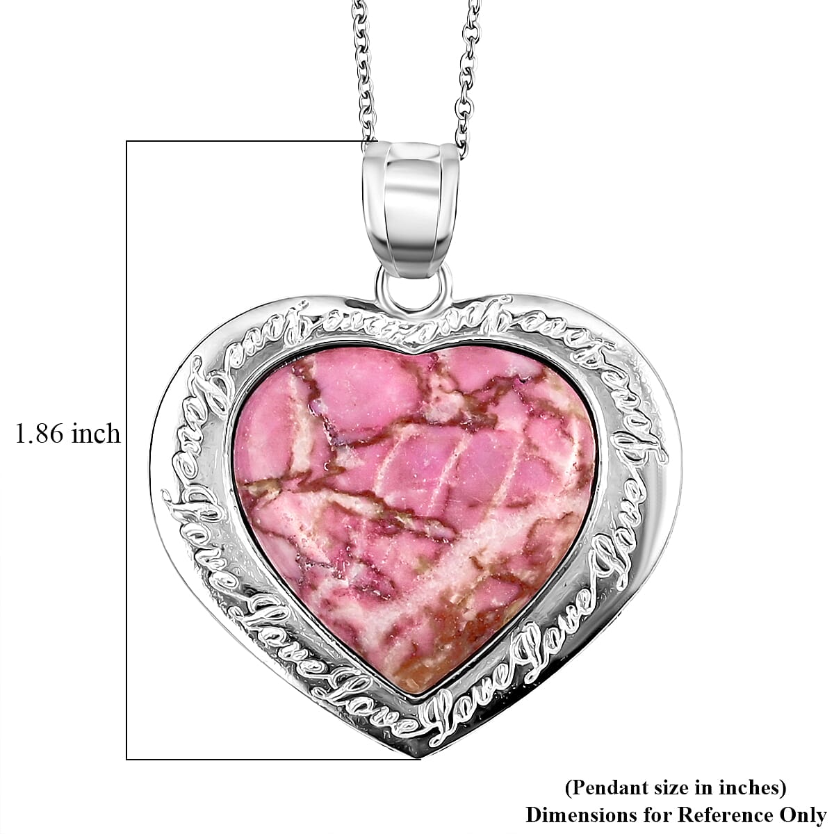 Heart Endless Love Pink Matrix Jasper 20.00 ctw Pendant in Silvertone with Stainless Steel Necklace 20 Inches