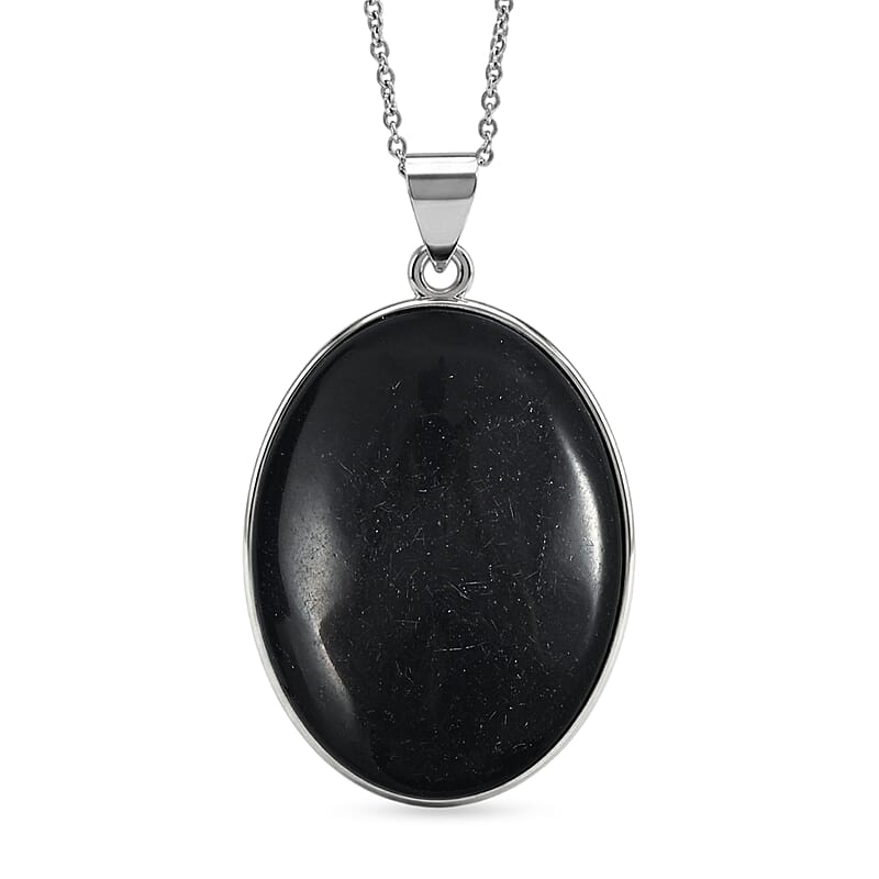 Oval Black Jasper 50.00 ctw Pendant in Silvertone with Stainless Steel Necklace 20 Inches