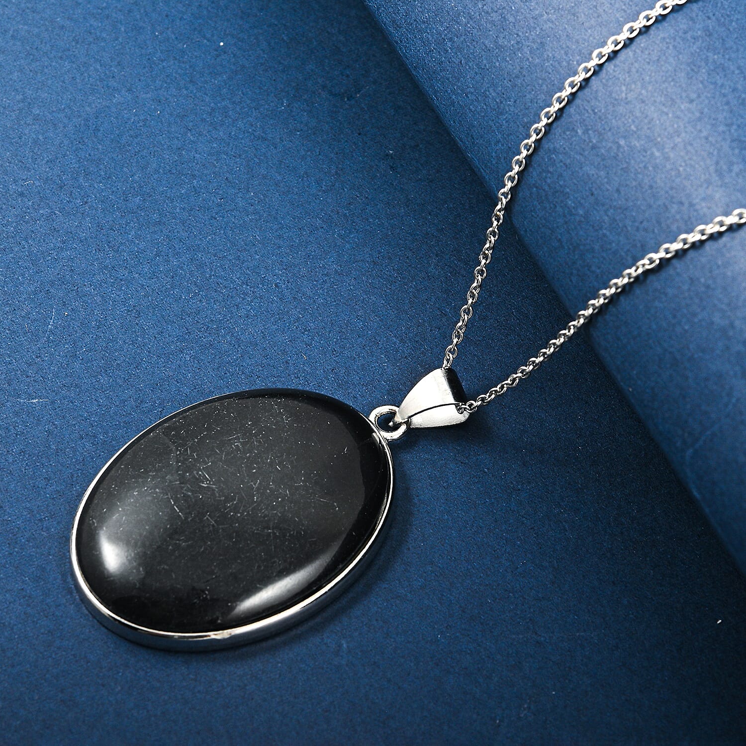Oval Black Jasper 50.00 ctw Pendant in Silvertone with Stainless Steel Necklace 20 Inches
