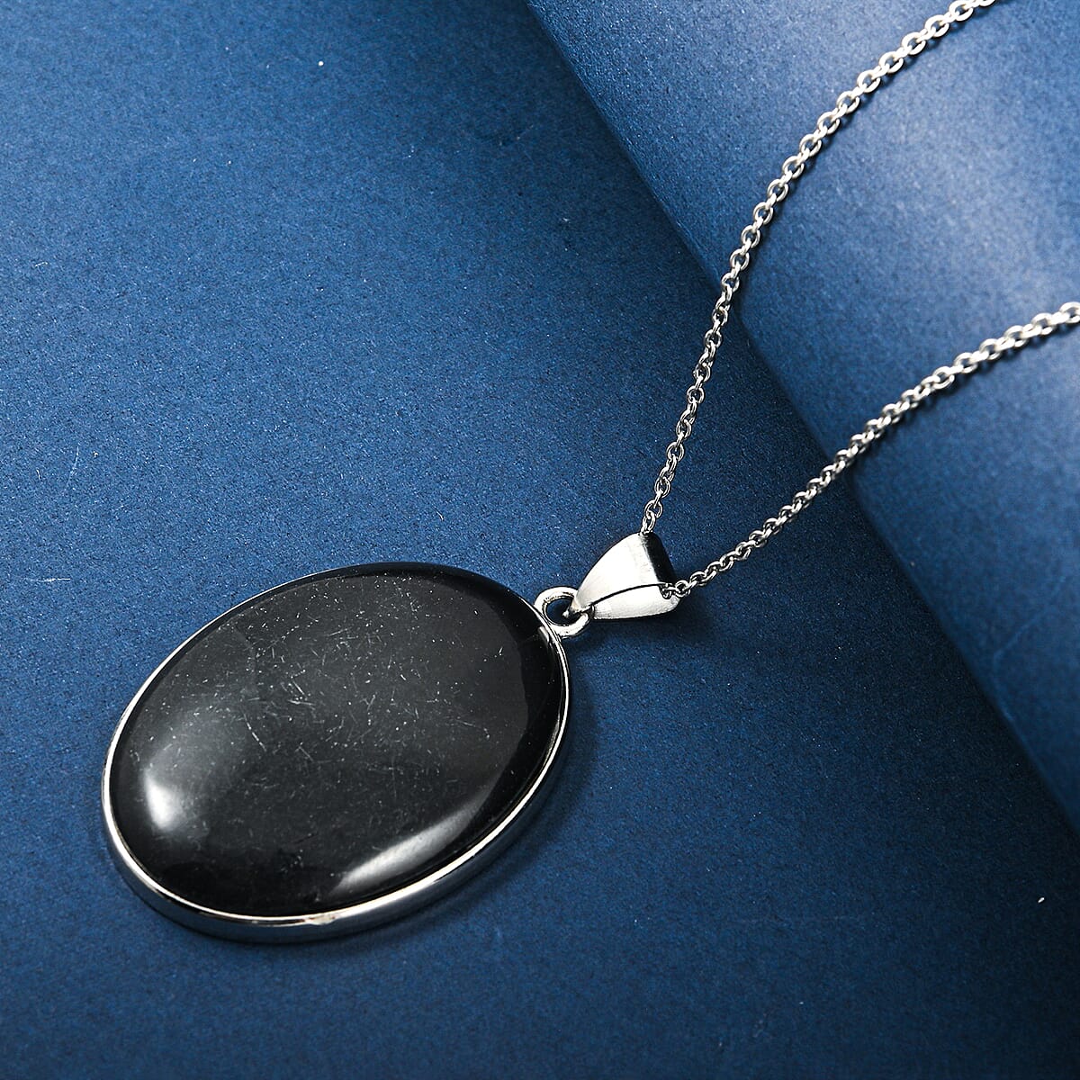 Oval Black Jasper 50.00 ctw Pendant in Silvertone with Stainless Steel Necklace 20 Inches image number 1