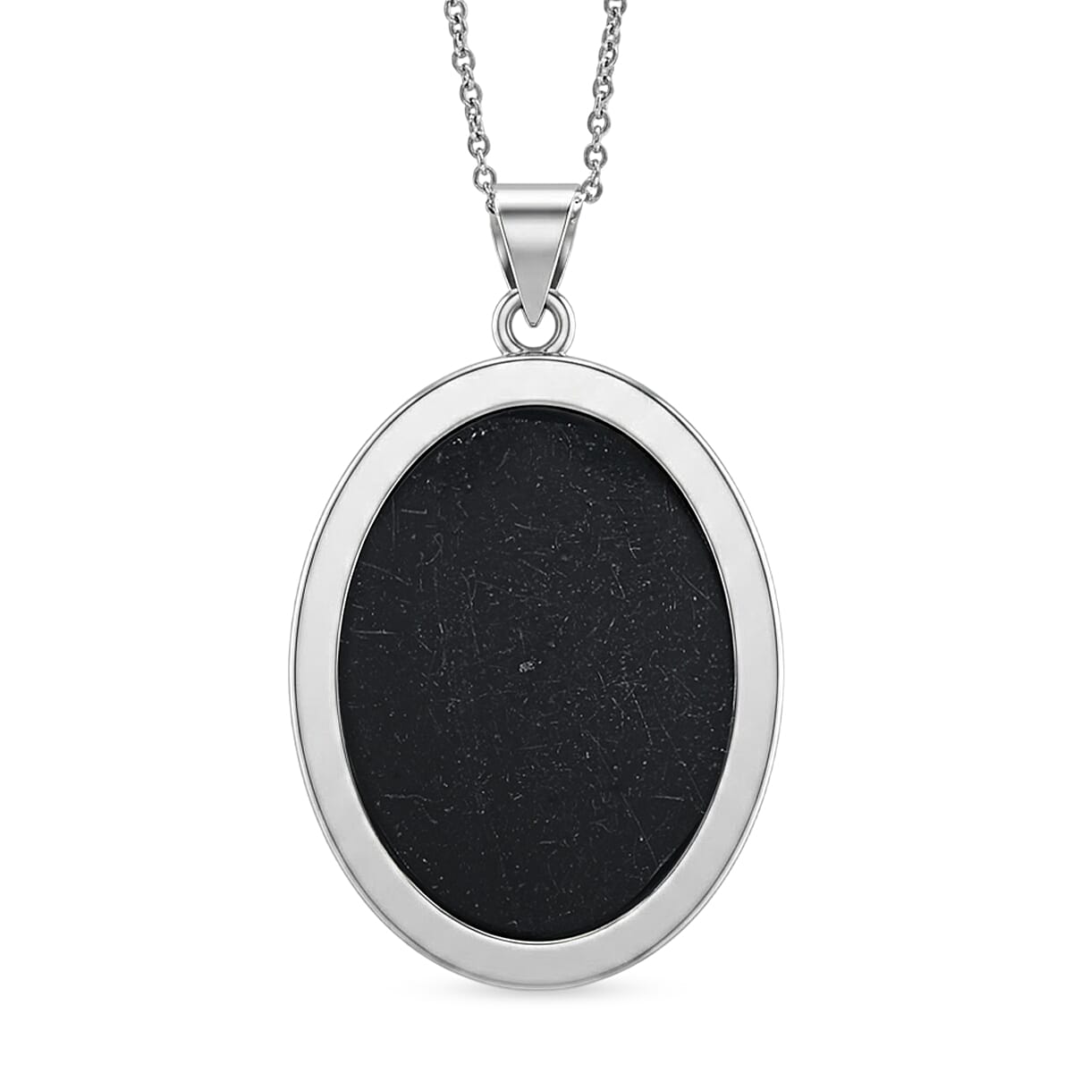 Oval Black Jasper 50.00 ctw Pendant in Silvertone with Stainless Steel Necklace 20 Inches