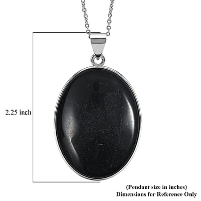 Oval Black Jasper 50.00 ctw Pendant in Silvertone with Stainless Steel Necklace 20 Inches