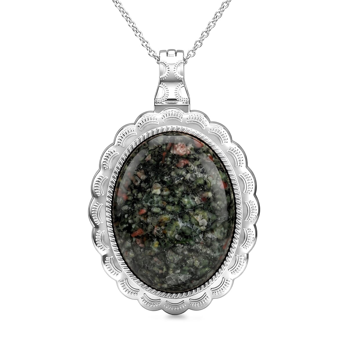Oval Chinese Ruby 50.00 ctw Pendant in Silvertone with Stainless Steel Necklace 20 Inches