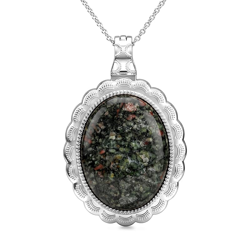 Oval Chinese Ruby 50.00 ctw Pendant in Silvertone with Stainless Steel Necklace 20 Inches