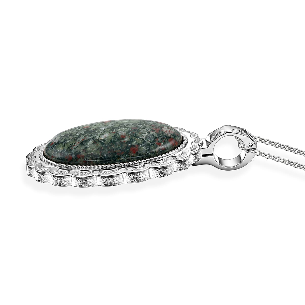 Oval Chinese Ruby 50.00 ctw Pendant in Silvertone with Stainless Steel Necklace 20 Inches