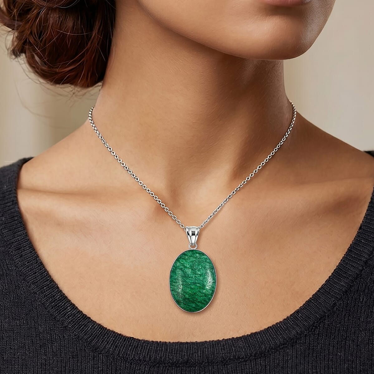 Oval Brazilian Rainforest Jasper 50.00 ctw Pendant in Silvertone with Stainless Steel Necklace 20 Inches image number 2