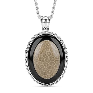 Oval Petoskey and Black Diamond 50.00 ctw Pendant in Silvertone with Stainless Steel Necklace 20 Inches