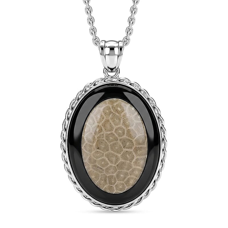 Oval Petoskey and Black Diamond 50.00 ctw Pendant in Silvertone with Stainless Steel Necklace 20 Inches