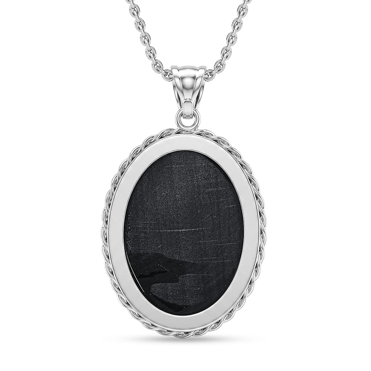 Oval Petoskey and Black Diamond 50.00 ctw Pendant in Silvertone with Stainless Steel Necklace 20 Inches image number 4