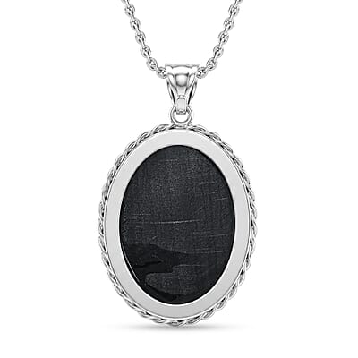 Oval Petoskey and Black Diamond 50.00 ctw Pendant in Silvertone with Stainless Steel Necklace 20 Inches