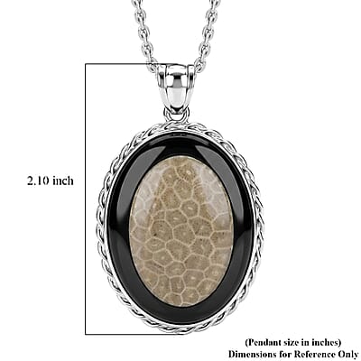 Oval Petoskey and Black Diamond 50.00 ctw Pendant in Silvertone with Stainless Steel Necklace 20 Inches