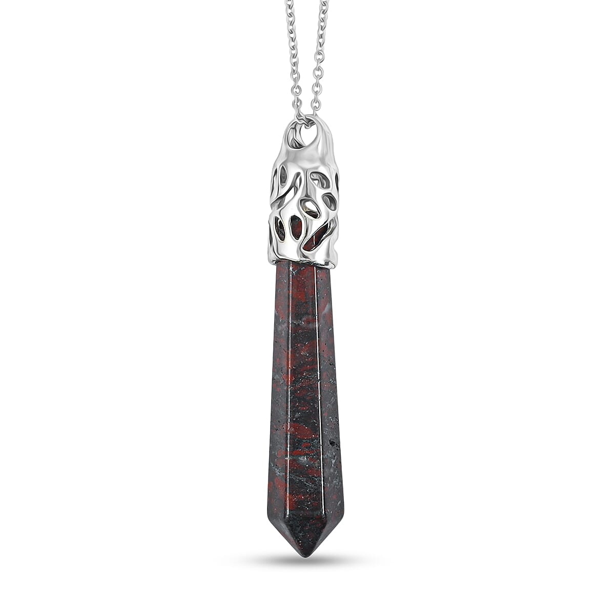 Hexagon Taper Point Poppy Jasper 50.00 ctw Pendant in Silvertone with Stainless Steel Necklace 20 Inches