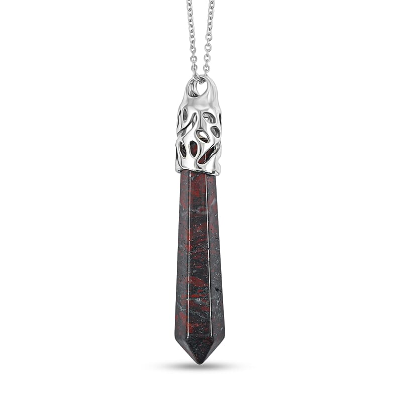 Hexagon Taper Point Poppy Jasper 50.00 ctw Pendant in Silvertone with Stainless Steel Necklace 20 Inches
