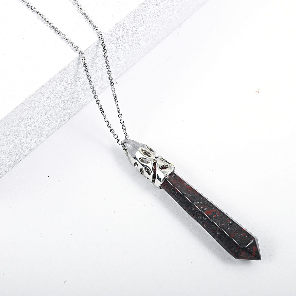 Hexagon Taper Point Poppy Jasper 50.00 ctw Pendant in Silvertone with Stainless Steel Necklace 20 Inches image number 1