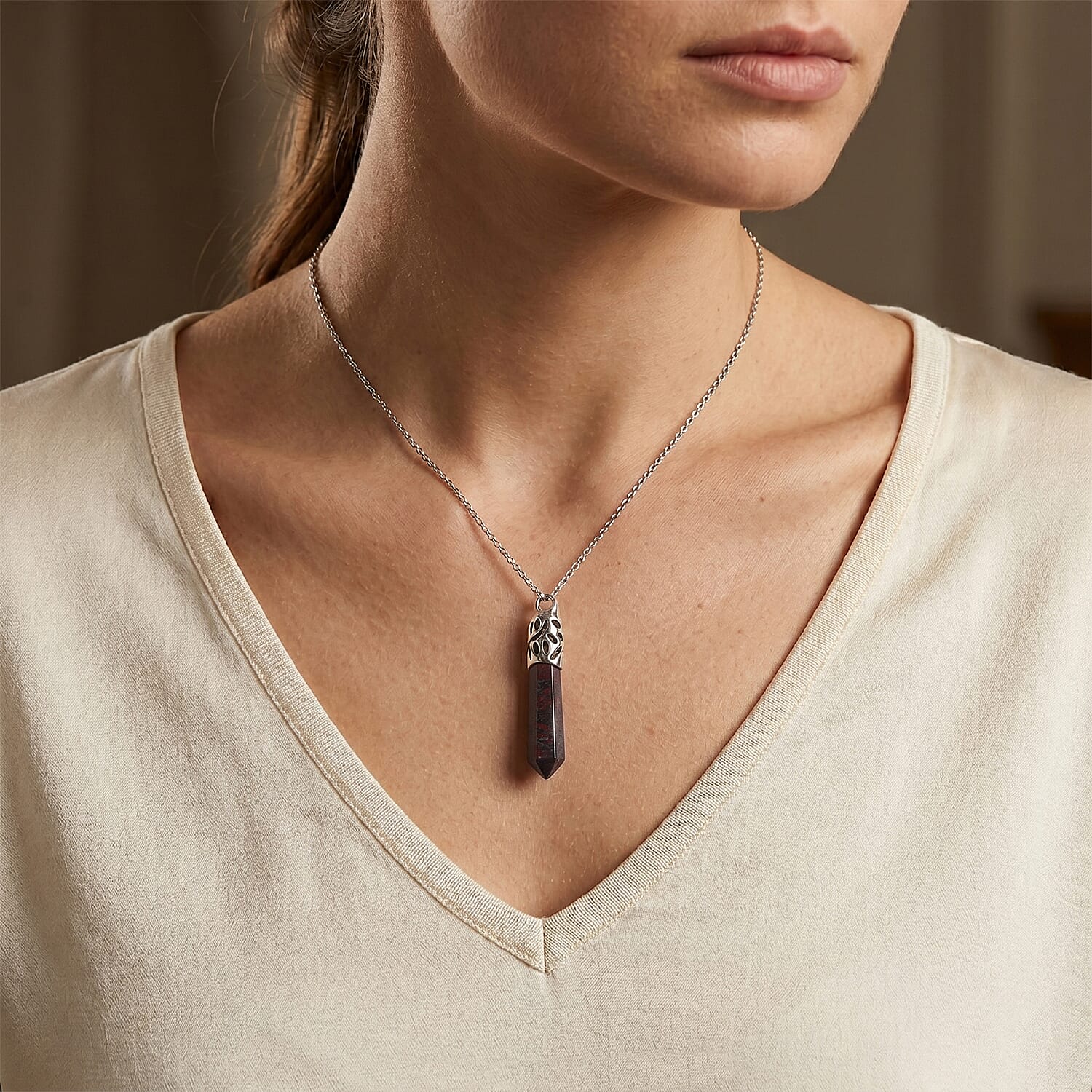 Hexagon Taper Point Poppy Jasper 50.00 ctw Pendant in Silvertone with Stainless Steel Necklace 20 Inches