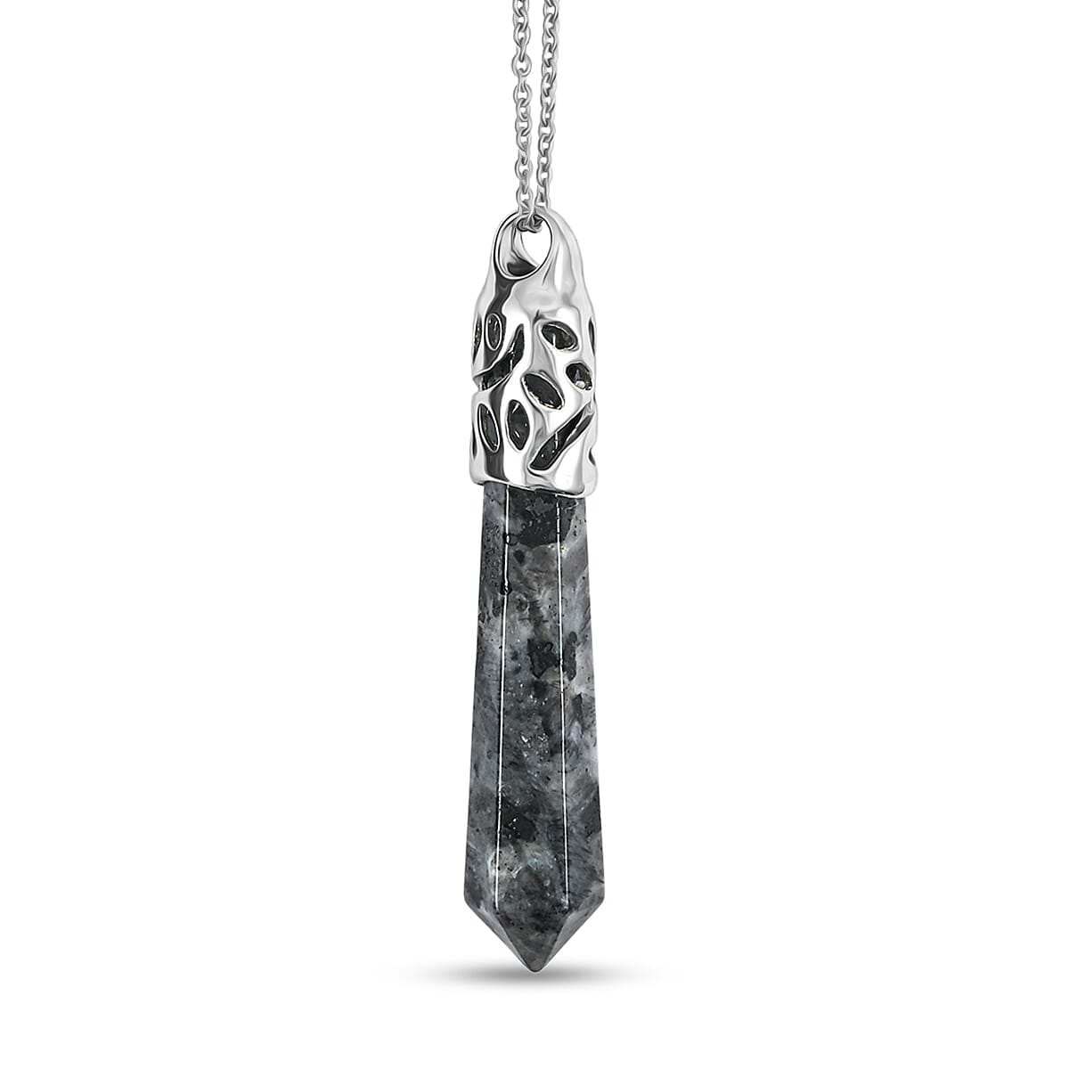 Hexagon Taper Point Black Labradorite 50.00 ctw Pendant in Silvertone with Stainless Steel Necklace 20 Inches