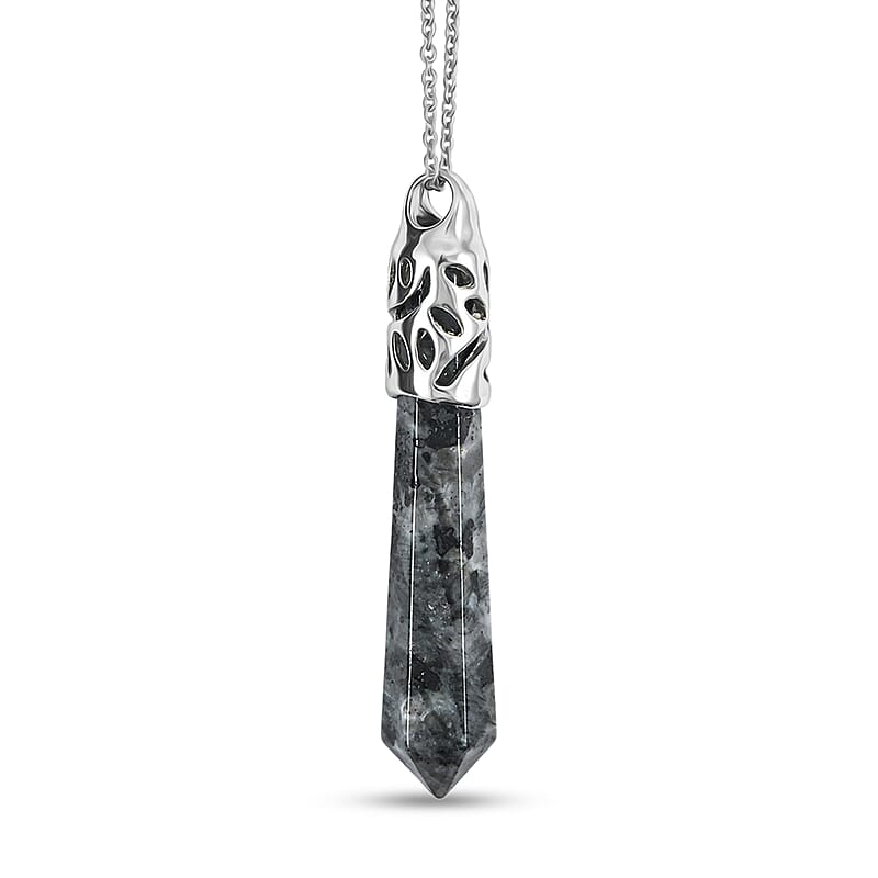 Hexagon Taper Point Black Labradorite 50.00 ctw Pendant in Silvertone with Stainless Steel Necklace 20 Inches