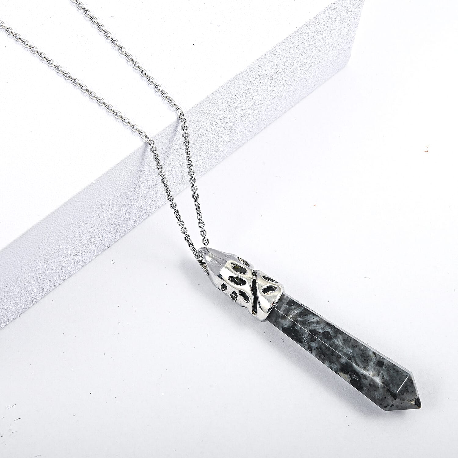 Hexagon Taper Point Black Labradorite 50.00 ctw Pendant in Silvertone with Stainless Steel Necklace 20 Inches