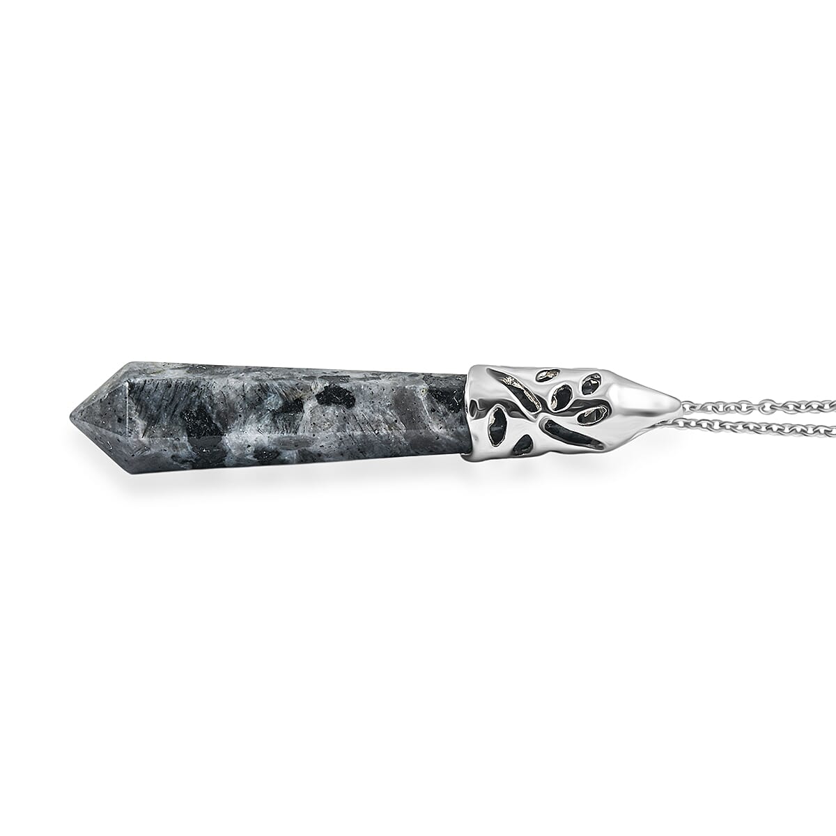 Hexagon Taper Point Black Labradorite 50.00 ctw Pendant in Silvertone with Stainless Steel Necklace 20 Inches