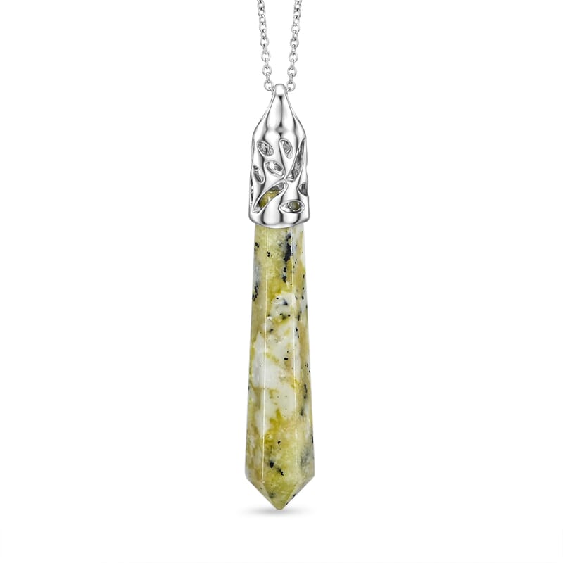 Hexagon Taper Point Yellow Turquoise 50.00 ctw Pendant in Silvertone with Stainless Steel Necklace 20 Inches