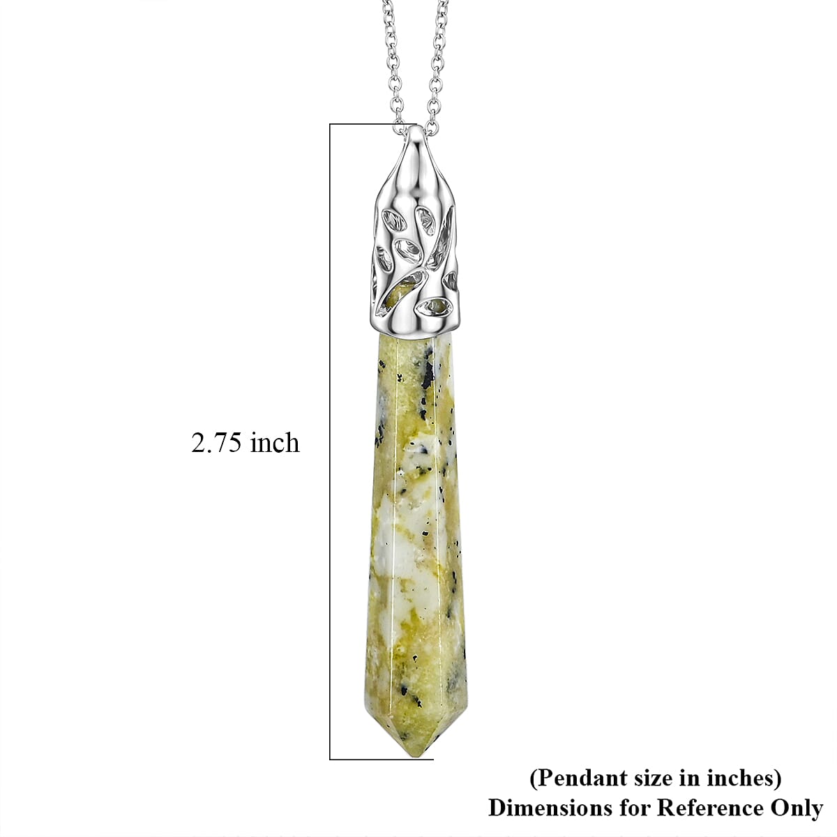 Hexagon Taper Point Yellow Turquoise 50.00 ctw Pendant in Silvertone with Stainless Steel Necklace 20 Inches