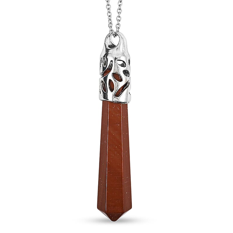 Hexagon Red Jasper 50.00 ctw Pendant in Silvertone with Stainless Steel Necklace 20 Inches