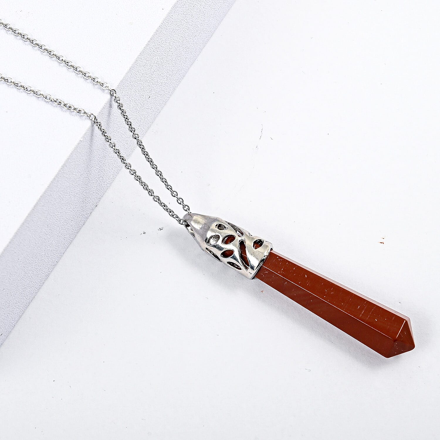 Hexagon Red Jasper 50.00 ctw Pendant in Silvertone with Stainless Steel Necklace 20 Inches