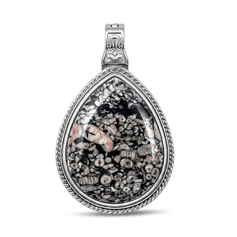 Fossil Jasper 50.00 ctw Pendant in Silvertone with Stainless Steel Necklace 20 Inches