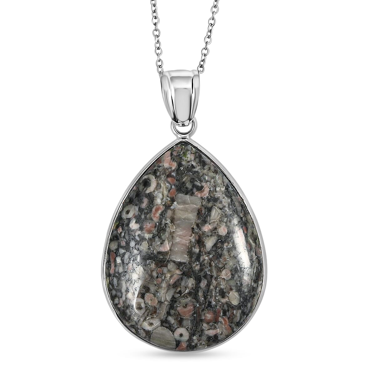 Fossil Jasper 50.00 ctw Pendant in Silvertone with Stainless Steel Necklace 20 Inches