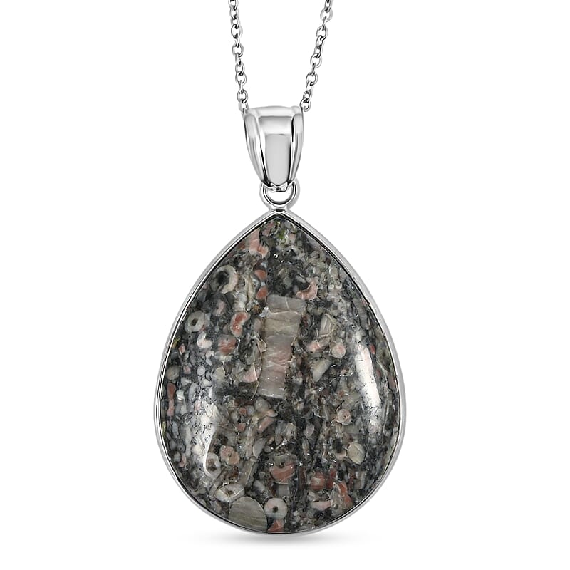 Fossil Jasper 50.00 ctw Pendant in Silvertone with Stainless Steel Necklace 20 Inches