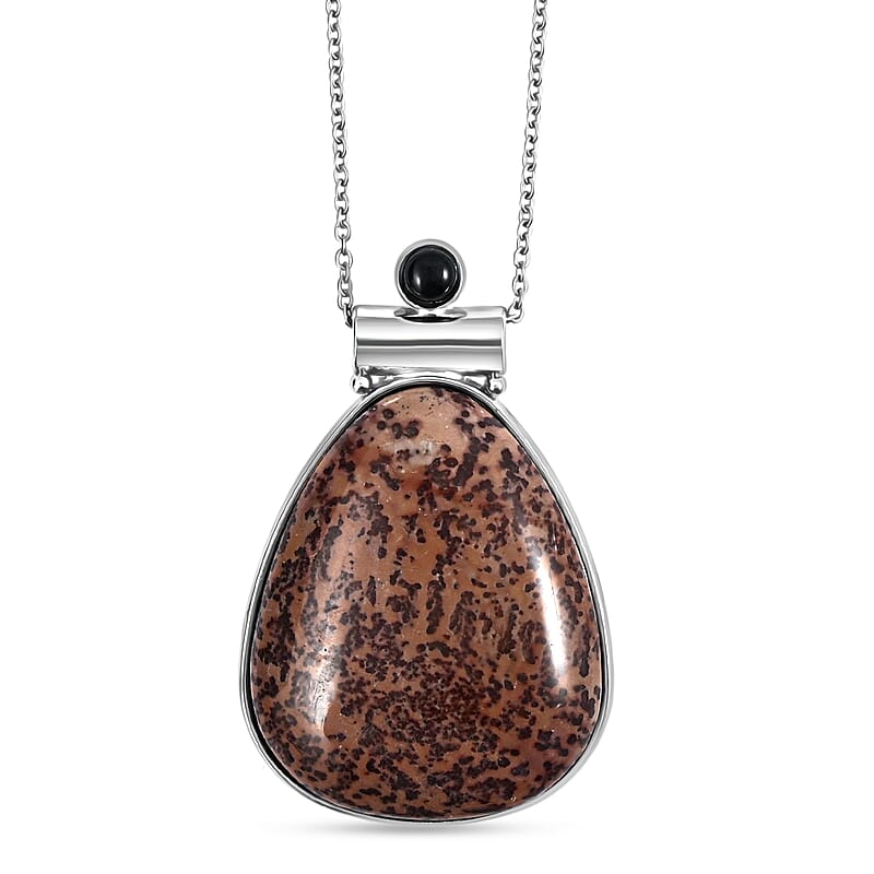 Red Picture Jasper and Black Onyx 52.00 ctw Pendant in Silvertone with Stainless Steel Necklace 20 Inches