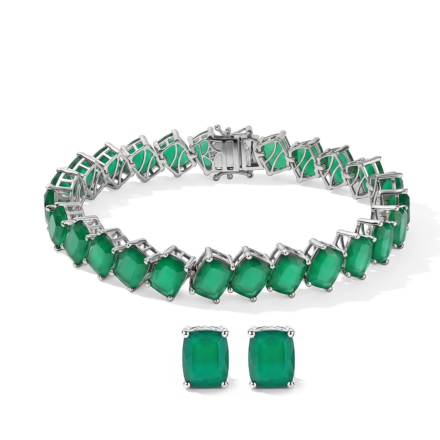 EverTrue Verde Onyx 40.15 ctw Bracelet (6.50In) and Solitaire Stud Earrings in Platinum Bond