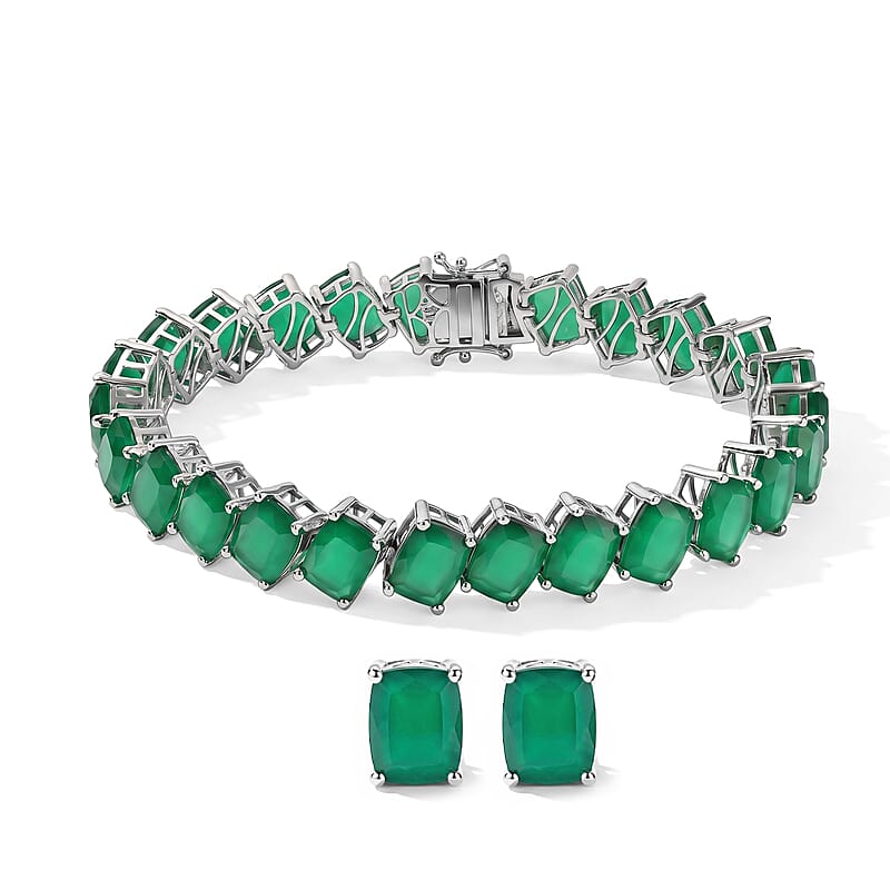 EverTrue Verde Onyx 40.15 ctw Bracelet (6.50In) and Solitaire Stud Earrings in Platinum Bond